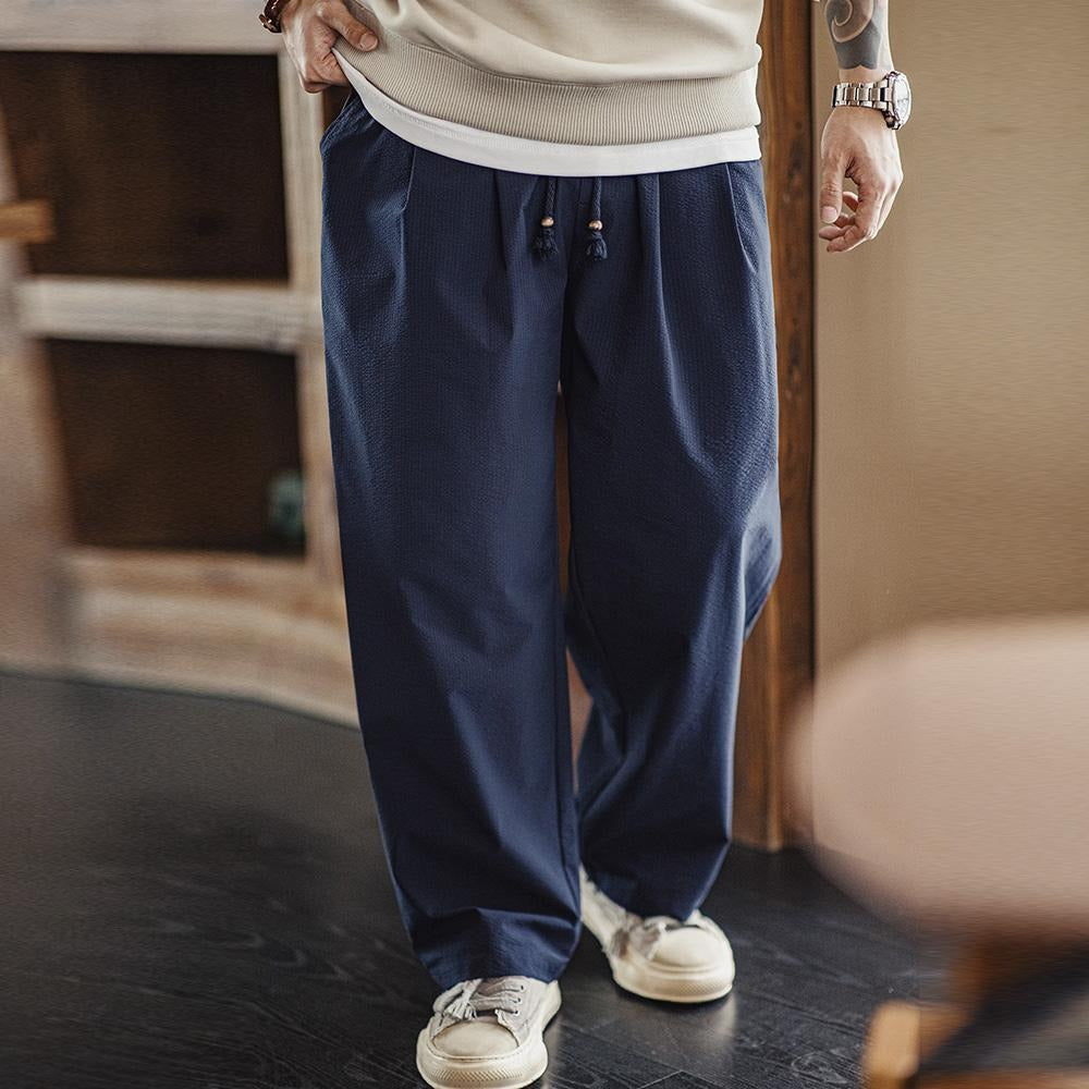MADEN American Casual Waist Tie Seersucker Japanese Lantern Pants Men Loose Wide Leg Breathable Scimitar Pants Spring Summer