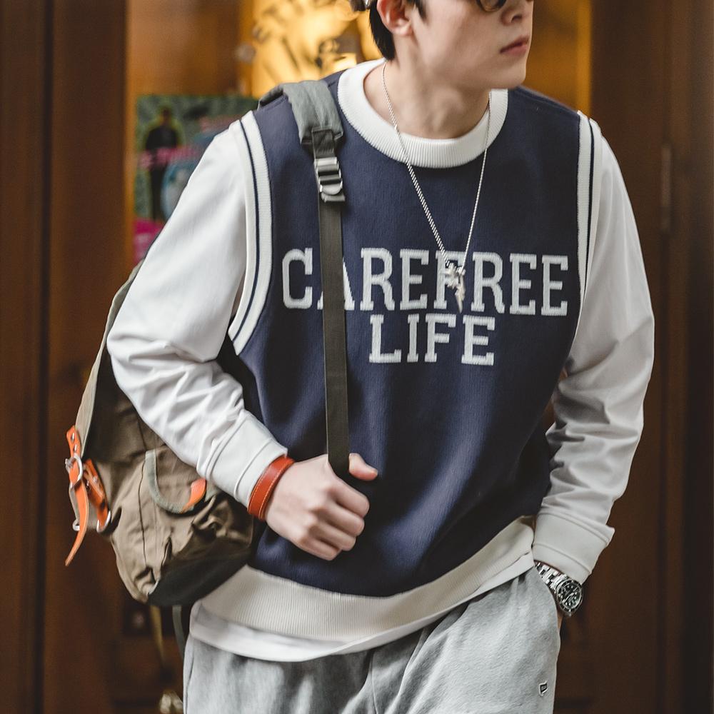 MADEN Preppy Strickweste für Herren im Ivy-Stil, lässige City-Boy-Strickweste mit Buchstabenmuster, ärmelloses Oberteil, Frühjahr 2023 