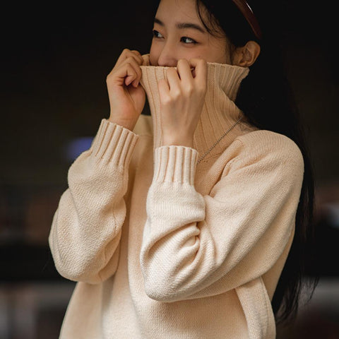 마덴 여성 하이넥 스웨터 가을 겨울 두꺼운 따뜻한 니트 의류 밀 이삭 질감 스웨터 베이지색 풀오버 상의