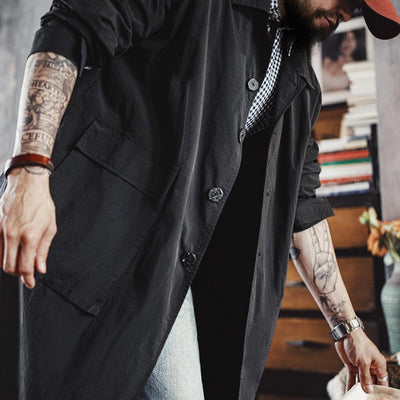 MADEN Men's Black Balmacaan Coat – Mid-Length Loose-Fit Casual Retro Overcoat Commuter Style Trench Jacket for Autumn Spring