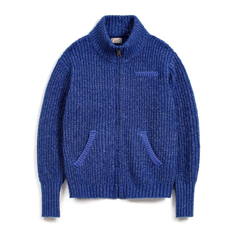 Suéter de punto azul MADEN para hombre con cuello alto, tejido grueso, cierre de cremallera, ropa exterior casual de otoño e invierno