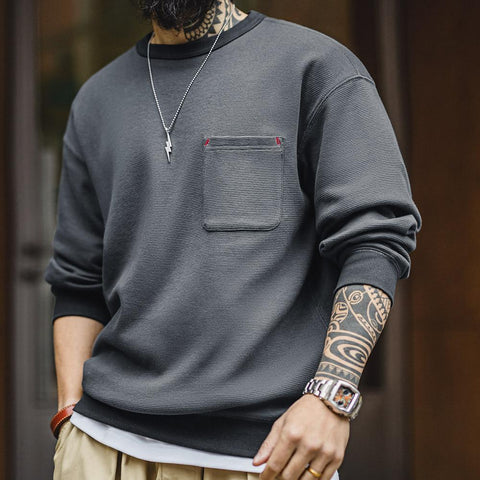 남성용 캐주얼 와플 니트 스웨트셔츠 루즈핏 포켓 티 편안한 핏 긴 소매 풀오버 미국식 캐주얼 스타일