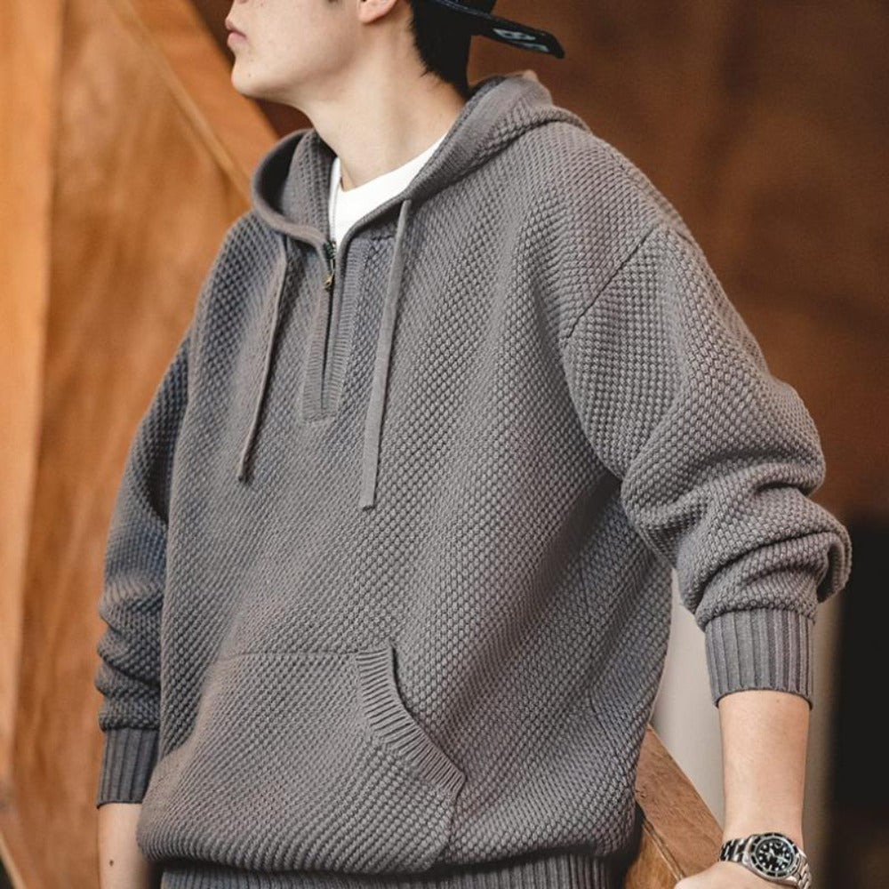 Sudadera de punto con media cremallera para hombre MADEN – Suéter grueso y casual con capucha y diseño de piña