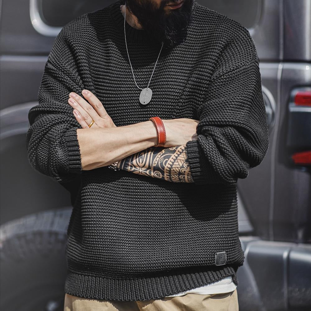 MADEN Men’s Heavyweight Chunky Knit Sweater – Loose Fit Round-Neck Pullover