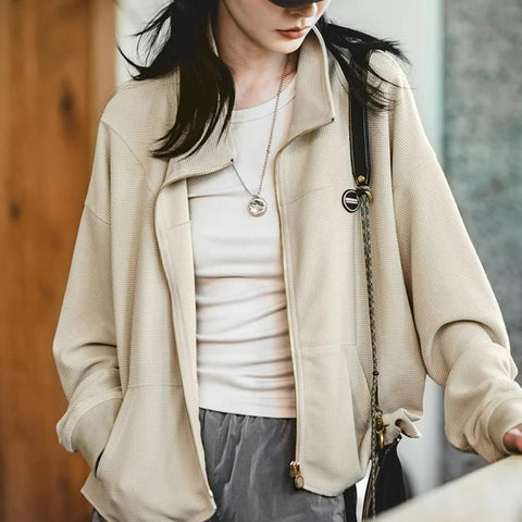 MADEN Damen-Kapuzenjacken mit Reißverschluss, Waffelrippbündchen, lässige Jacken, Harajuku-Sweatshirts, Mäntel mit halbhohem Stehkragen, Streetwear 