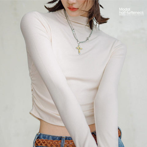 MADEN Modal-Halbrollkragenpullover mit Raffungen, schmaler Passform, einfarbig, langärmelig, vielseitiges Damen-Pullover-Shirt für den Herbst 