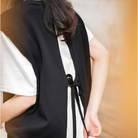 Chaleco de punto para mujer MADEN, informal, con cuello en V, vintage, negro, sin mangas, suéter con cordones, prendas de punto para mujer, prendas superiores de gran tamaño, ropa exterior