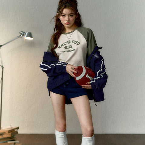 Maden Kurzarm-Langarm-T-Shirt für Damen, kontrastfarbenes Rundhals-Top mit Buchstabenprint, Baseball-Aufdruck, Unterwäsche 