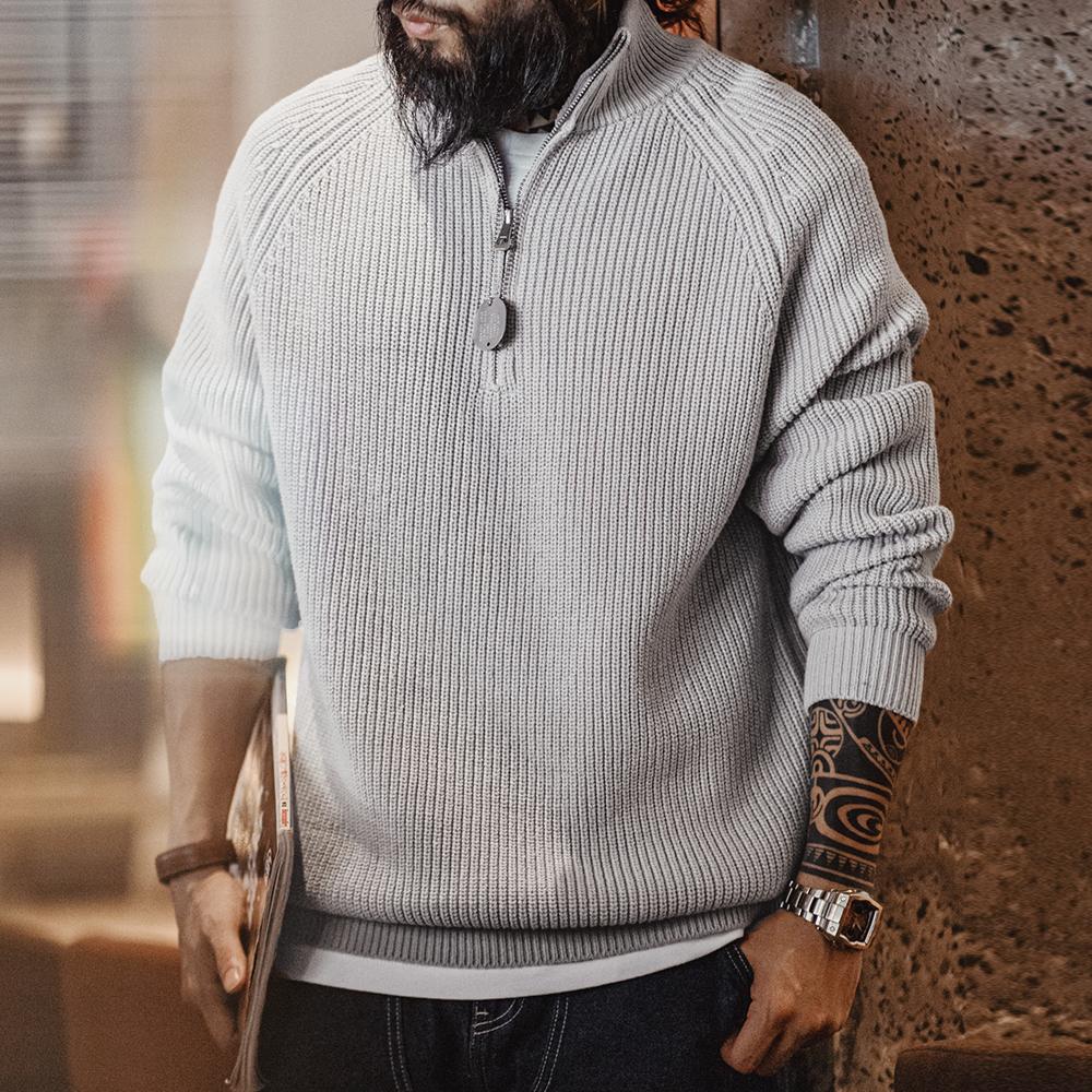 MADEN Herren Schwergewicht Baumwoll Halb-Zip Strickpullover