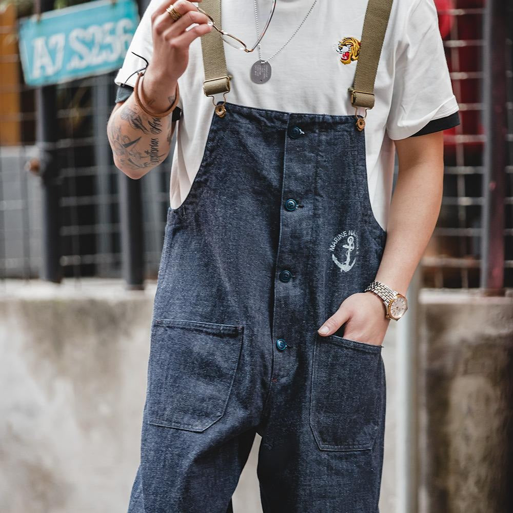 MADEN Herren Schwergewicht Baumwoll Cargo Denim Latzhose