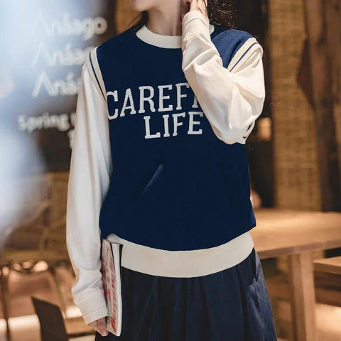 MADEN Unisex College Style Casual Knit Sleeveless Vest Black Round Neck Stretch Sweater Spring and Autumn Season Outer Vest Top