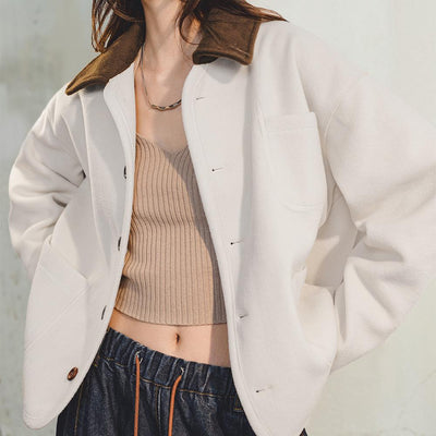 Maden Women's Retro Jacket - Cozy Corduroy Lapel Coat