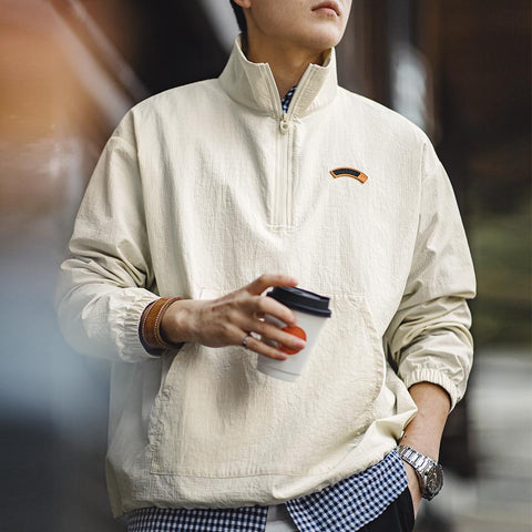 MADEN Retro Half-Zip Jacket Stand Collar Loose-fit Cityboy Hoodies Nylon Sports Coat