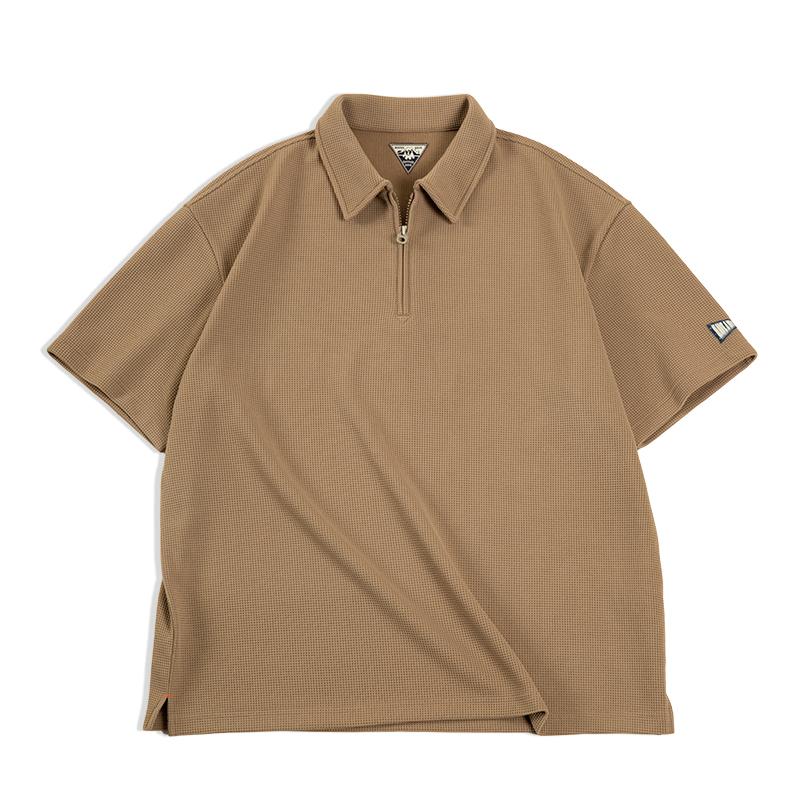 Polo gaufré MADEN pour homme, 330 g, épais, demi-zip, col à revers, manches courtes, idéal pour l'été