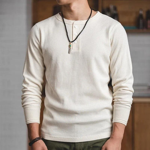MADEN Heavyweight Waffle Henley Long Sleeve T-Shirt for Men – Casual Beige Layering Top