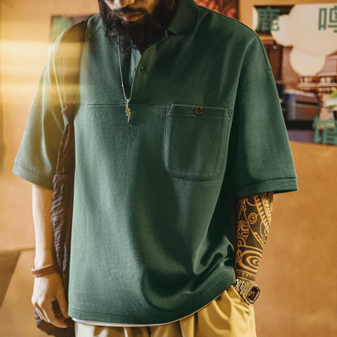 MADEN Retro Grünes Poloshirt Kurzarm Schweres Material Lockerer College-Stil Kragen T-Shirt Herren Sommer 