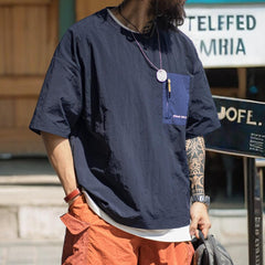 MADEN Camiseta ligera de nailon para exteriores con bolsillo parche, manga corta casual, hombro caído, transpirable, ropa masculina Uncle Fu