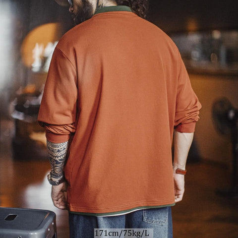 Polo homme MADEN style rétro navajo orange en maille à manches longues, broderie, tenue décontractée printemps-automne, col double épaisseur, extérieur 