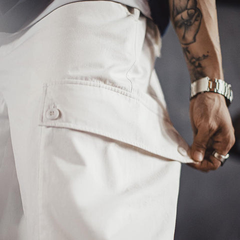 MADEN Men's White Cargo Pants Loose-Fit Straight-Leg Trousers Utility Big Pockets Design Cotton Fabric Versatile Outdoor Commutes