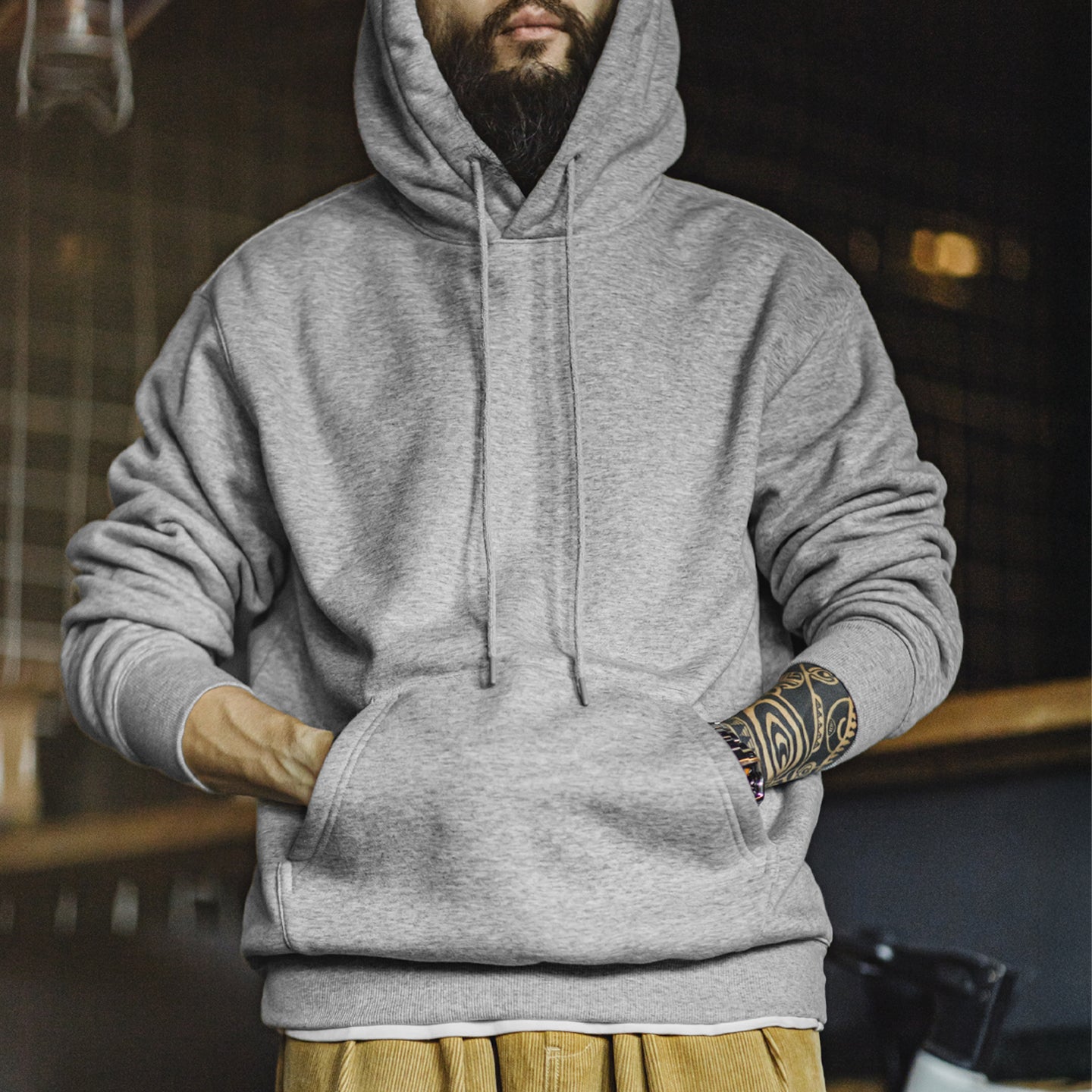 MADEN Herren Grauer Hoodie – Fleecegefüttert