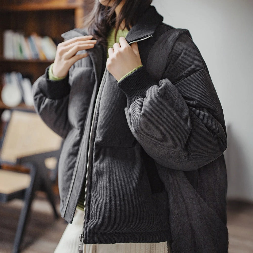 MADEN Women Corduroy Down Jacket 90% Duck Down Warm Short Puffer Coat Knit Stand Collar Drawstring Hem Winter Thick Outerwear
