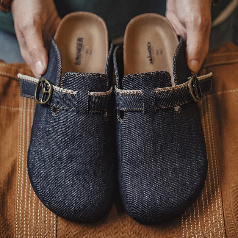 MADEN Denim Mule Sandals – Retro Cork Slip-On Outdoor Shoes