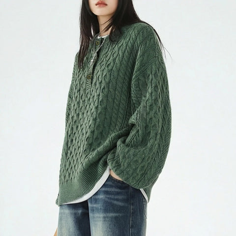 MADEN Women's Retro Green Cable Knit Sweater Thick Pullover Henry Round Neck Loose Fit Warm Knitwear for Autumn Winter