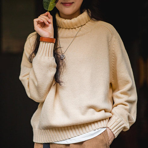 마덴 여성 하이넥 스웨터 가을 겨울 두꺼운 따뜻한 니트 의류 밀 이삭 질감 스웨터 베이지색 풀오버 상의