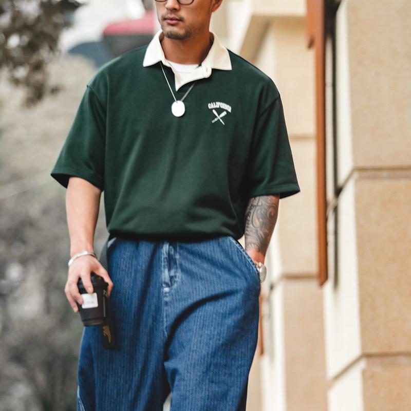 마덴 컬러블록 폴로 티셔츠 야구 자수 280gsm 면 중량 프리미엄 품질 반팔 티셔츠 올드 스쿨 프레피 스타일