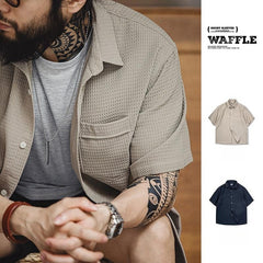 MADEN Men's Heavyweight Waffle Knit Short-Sleeve Button-Down Shirt