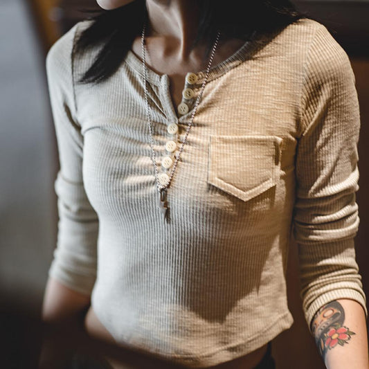 Camisa vintage Henley de manga larga y ajuste slim para mujer Maden