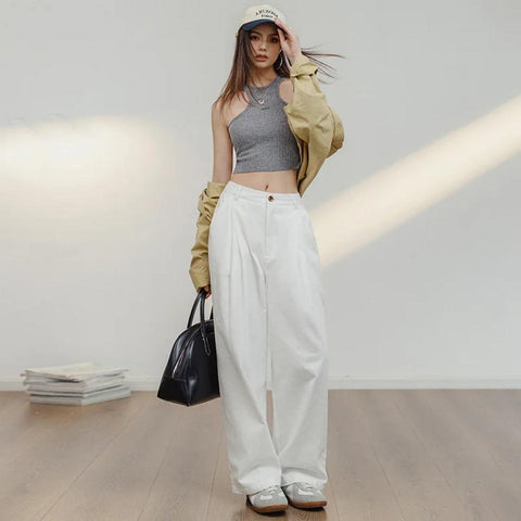 MADEN Weiße Baumwoll-Freizeithose für Damen, lockere, gerade Cargohose, vielseitige Hose mit weitem Bein, Sommer-Streetwear-Hose 