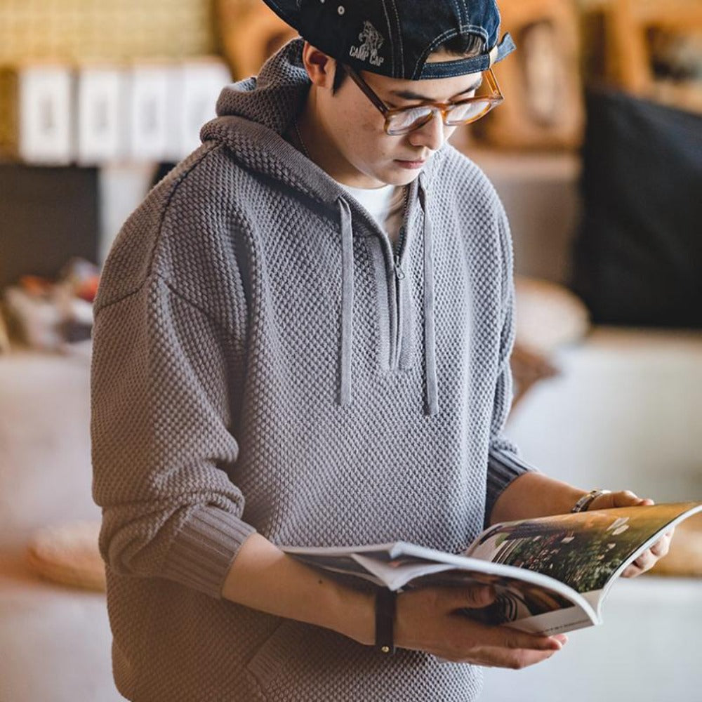 Sudadera de punto con media cremallera para hombre MADEN – Suéter grueso y casual con capucha y diseño de piña