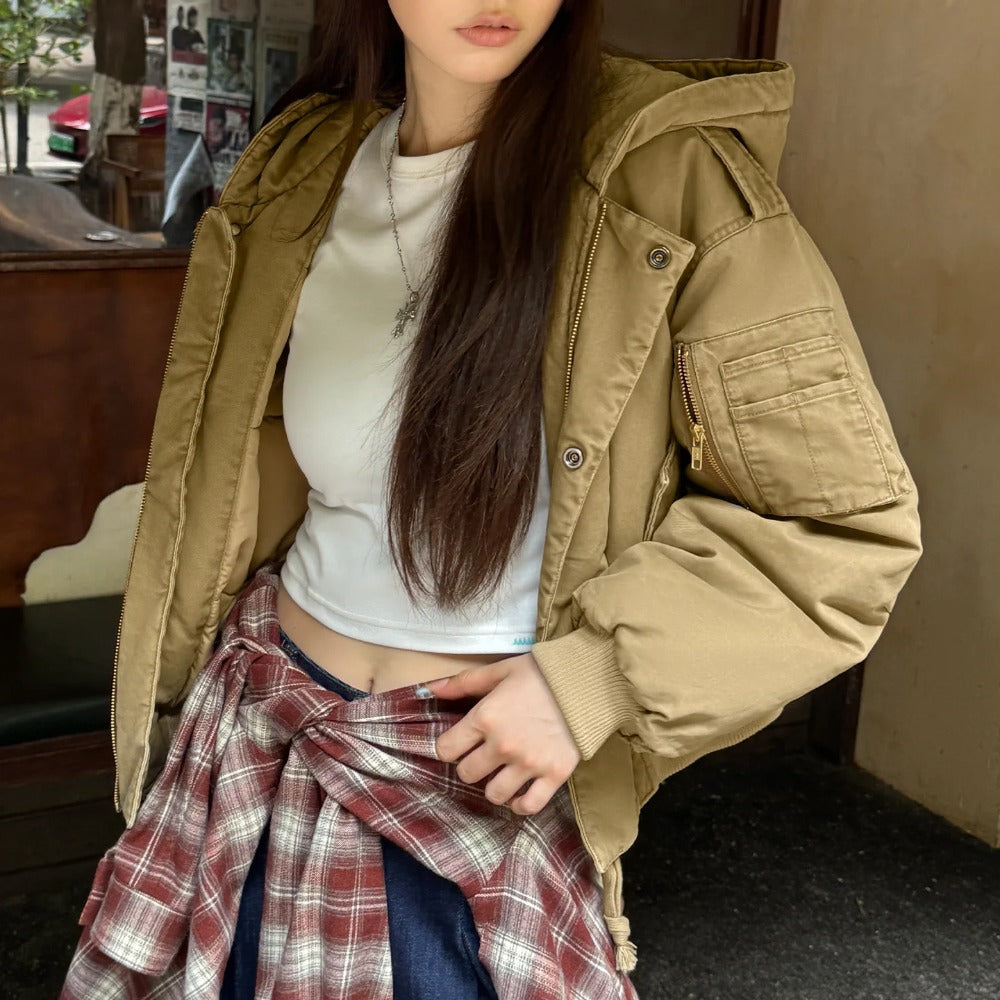 MADEN Women Hooded MA-1 Bomber Jacket Cotton Padded Short Coat Thick Warm Casual Khaki Flight Jacket Vintage Utility Style
