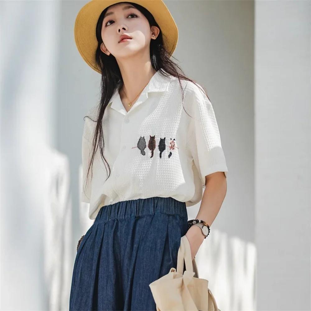Maden Damen Kurzarm Shirt - Freizeit Vintage Stickerei