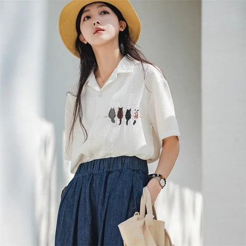 Camisa de manga corta para mujer Maden - Bordado vintage informal