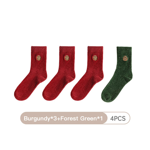 마덴 여성용 부드러운 중장목 양말 겨울용 두툼하고 따뜻한 포근한 뜨개질 양말 자수 곰 무늬 새해 선물