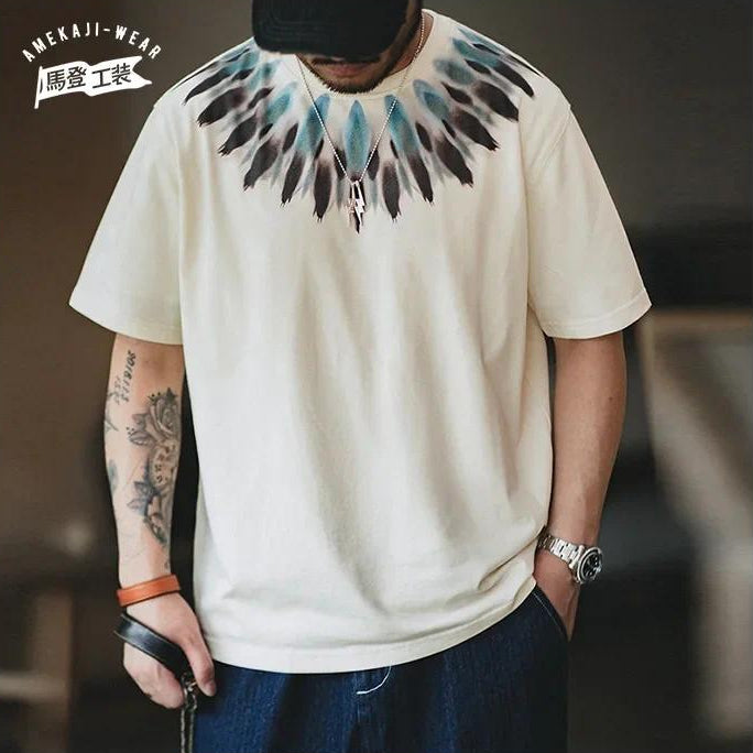 Áo thun cotton nặng tay ngắn họa tiết bộ tộc MADEN