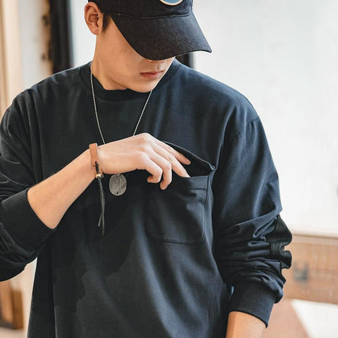 Maden Vintage Long Sleeve T-shirt for Men Patchwork Pocket Loose O-neck Pullover 100% Cotton Casual Sweatshirt