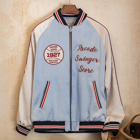 MADEN Men's Sukajan Baseball Jacket Retro Satin Embroidered Design Varsity Coat Y2K Outerwear Bomber Jackets Blue Yankees-Inspired