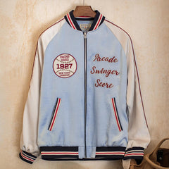 MADEN Blaue Satin Bestickte Sukajan Baseballjacke