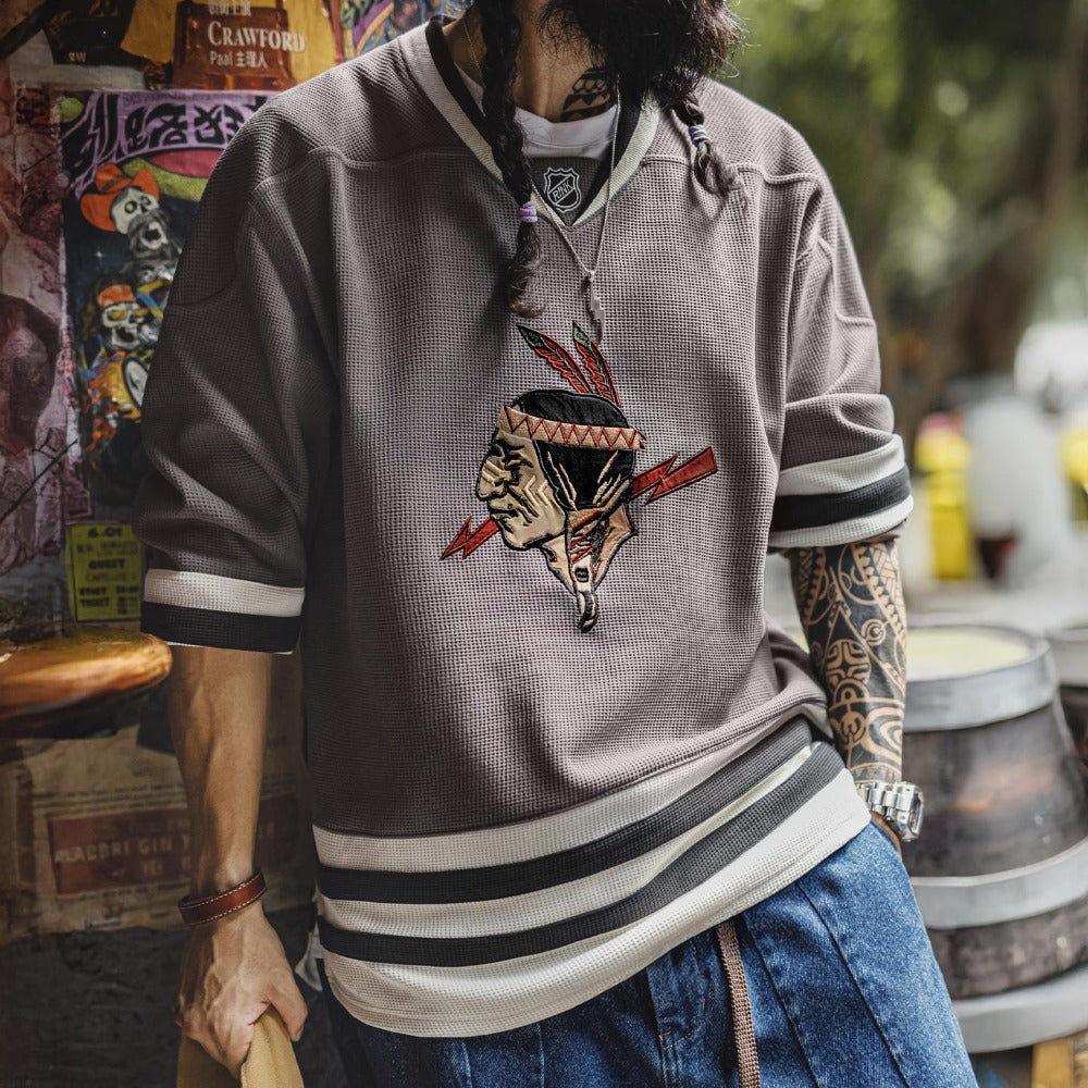 MADEN レトロ刺繍入りワッフル編み厚手V首長袖プルオーバーシャツ