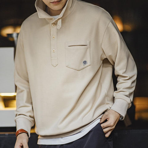 MADEN Men's Half-Placket Sweatshirt American Retro Casual Polo Collar Shirt Cozy Style Lapel Pullover Half-Zip Hoodie