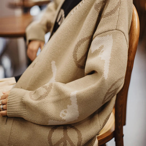 MADEN Vintage Khaki V-Neck Loose Knit Cardigan Women's Retro Jacquard Sweater Coat for Autumn Winter