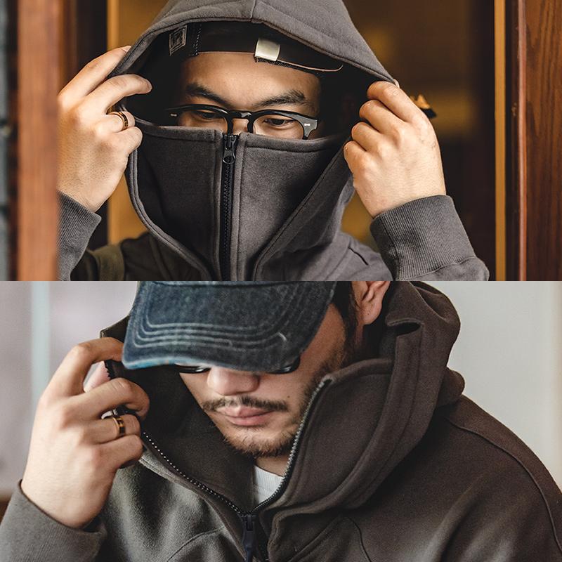 남성 전술 닌자 후드티 내장형 발라클라바 360gsm 중량 면 테크웨어 지퍼 재킷 도시 봄 및 야외 스타일 하이 칼라 마스크 풀오버