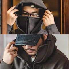 남성 전술 닌자 후드티 내장형 발라클라바 360gsm 중량 면 테크웨어 지퍼 재킷 도시 봄 및 야외 스타일 하이 칼라 마스크 풀오버