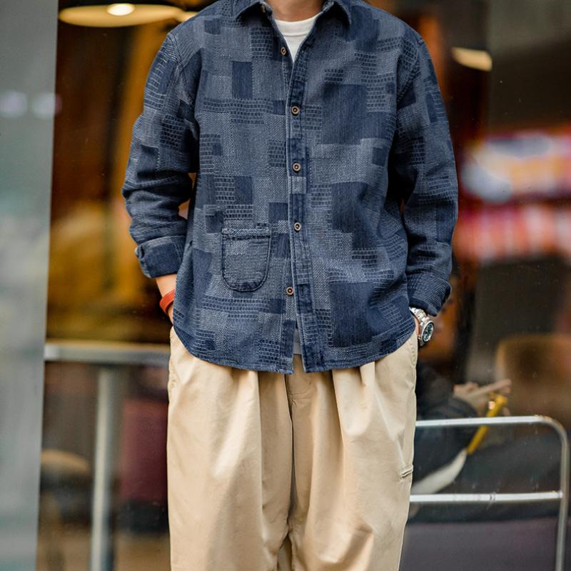 MADEN Boro Denimhemd mit Jacquard-Patchwork