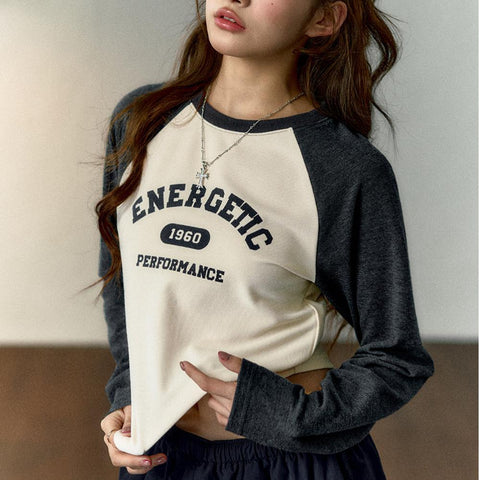 Maden Kurzarm-Langarm-T-Shirt für Damen, kontrastfarbenes Rundhals-Top mit Buchstabenprint, Baseball-Aufdruck, Unterwäsche 