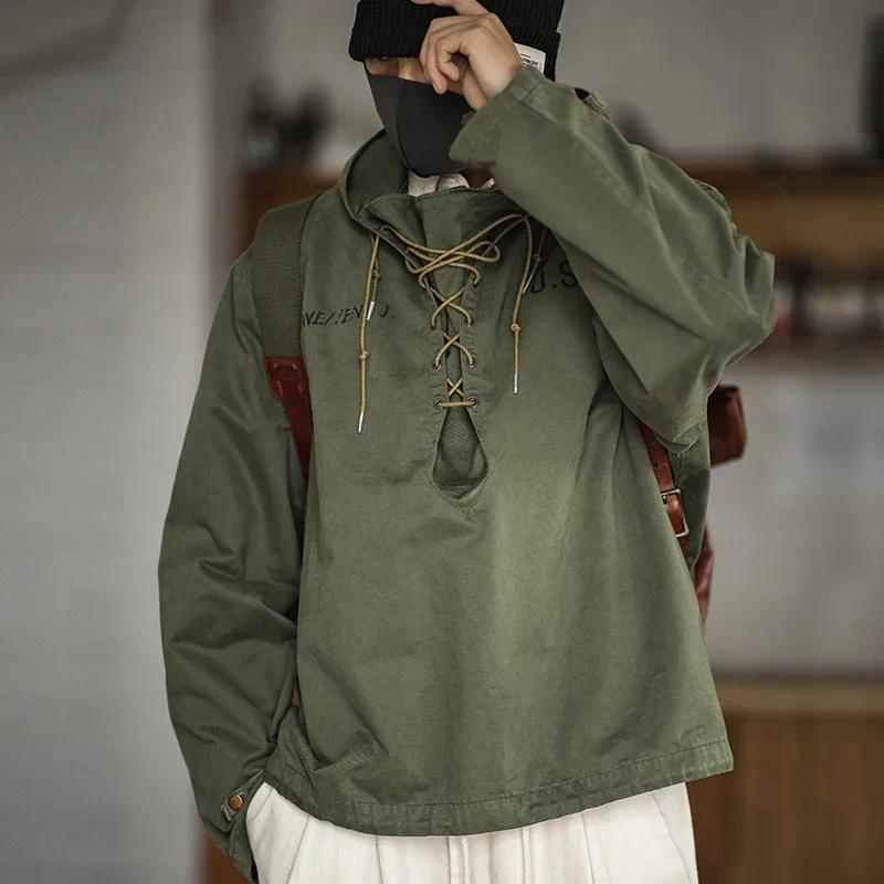 Chaqueta con capucha para hombre Maden Chaqueta de manga larga tipo cubierta Cuello con cordón Chaqueta de trabajo Puños verdes Cierre con cinta Chaqueta