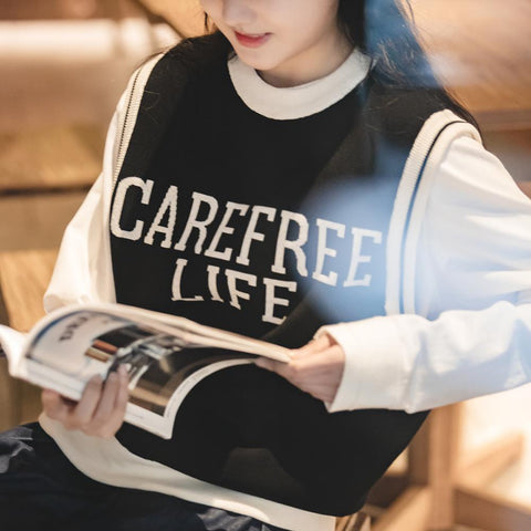 MADEN Unisex College Style Casual Knit Sleeveless Vest Black Round Neck Stretch Sweater Spring and Autumn Season Outer Vest Top